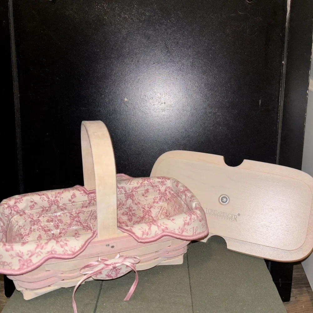 Longaberger 2000 Pink HOPE Breast Cancer Basket Liner Lid Tie-On & Protector
